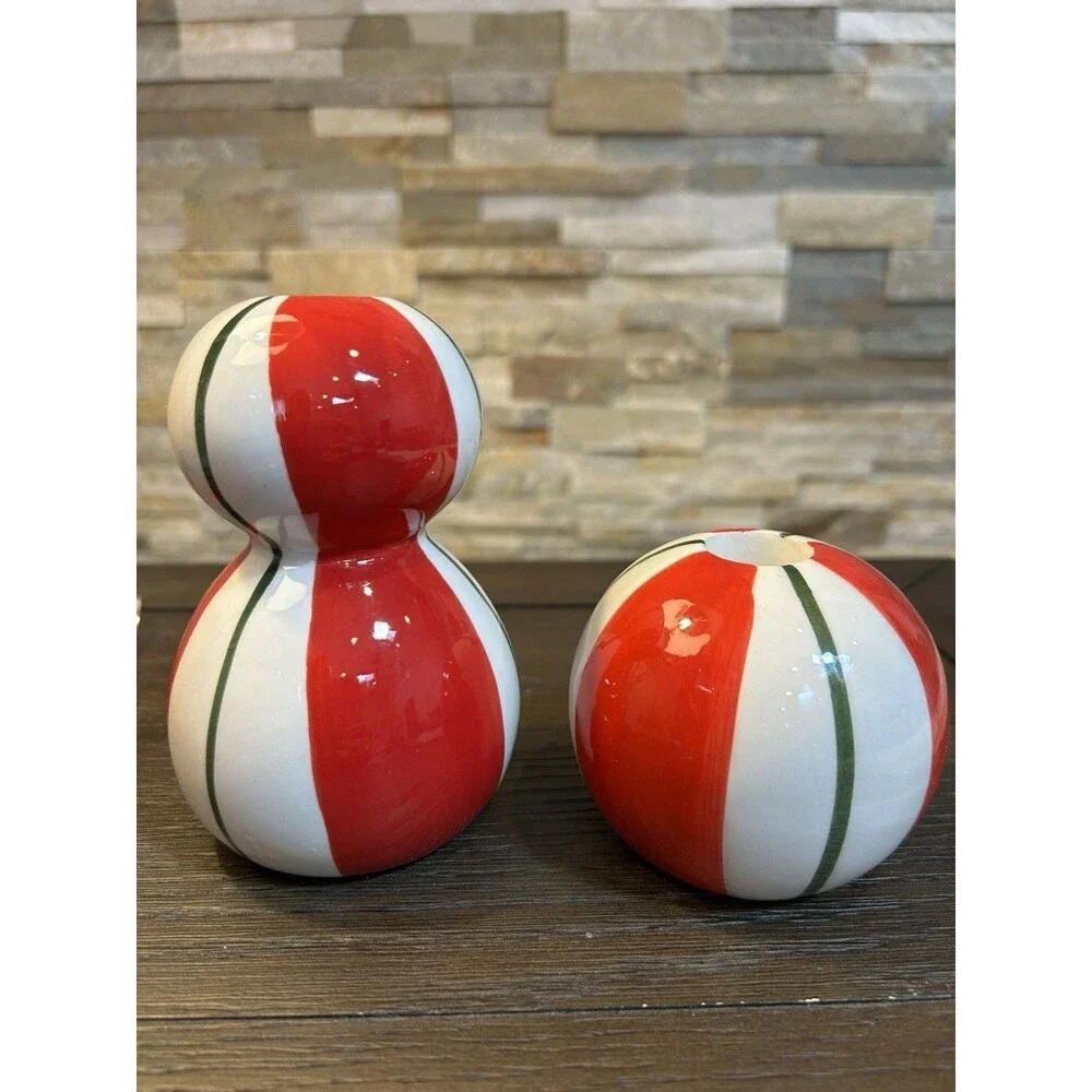 Ashland Ceramic Striped Christmas Taper Candle Holders Red White Green Bundle